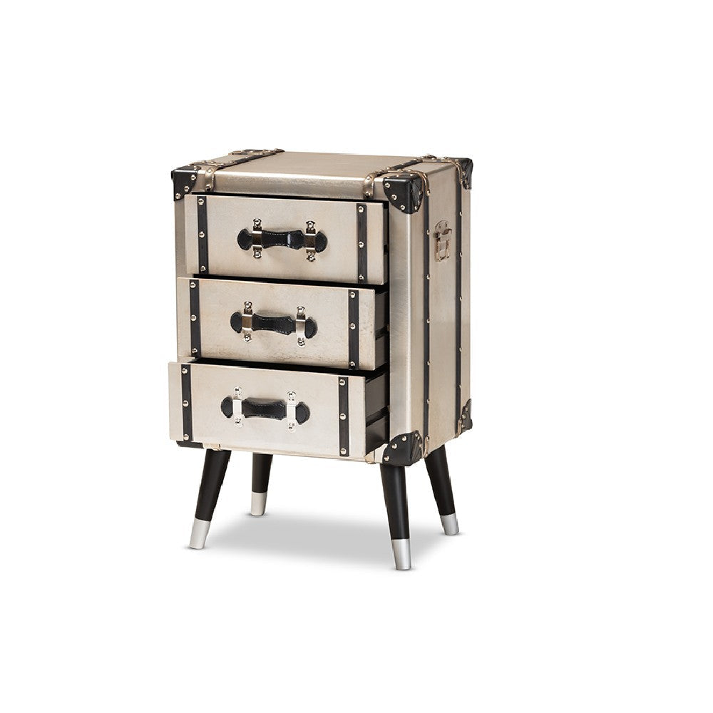 Baxton Studio Dilan Vintage Industrial Antique Silver Finished Metal Trunk Inspired 3-Drawer End Table WHI-JY19A109-Silver-ET