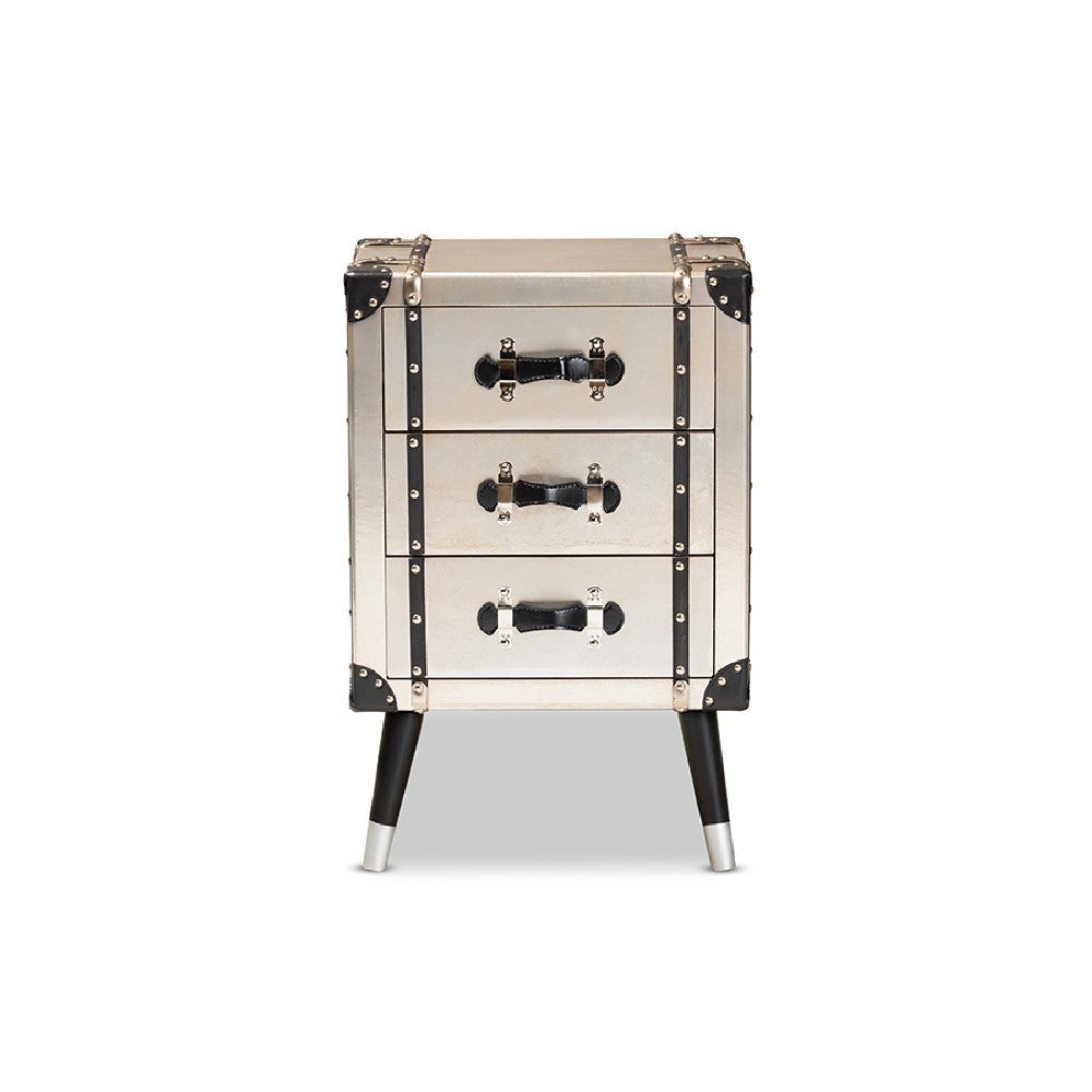 Baxton Studio Dilan Vintage Industrial Antique Silver Finished Metal Trunk Inspired 3-Drawer End Table WHI-JY19A109-Silver-ET