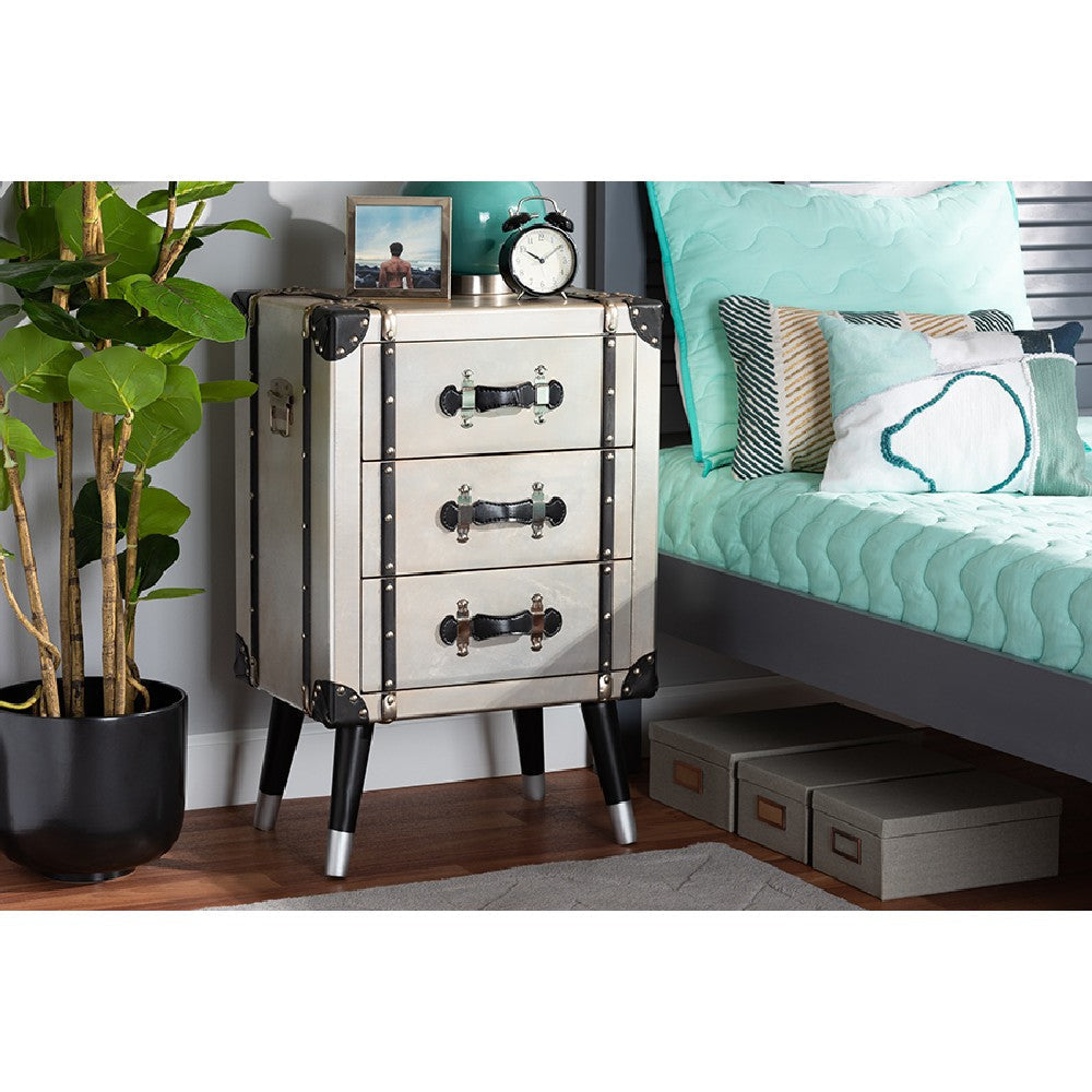Baxton Studio Dilan Vintage Industrial Antique Silver Finished Metal Trunk Inspired 3-Drawer End Table WHI-JY19A109-Silver-ET