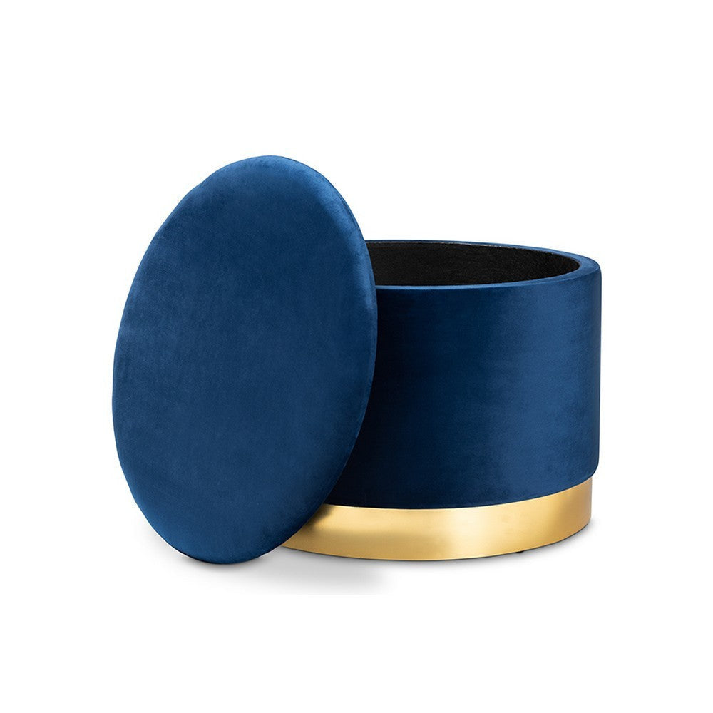 Baxton Studio Marisa Glam and Luxe Navy Blue Velvet Fabric Upholstered Gold Finished Storage Ottoman WHI-JY19A221-Navy-Gold-Otto