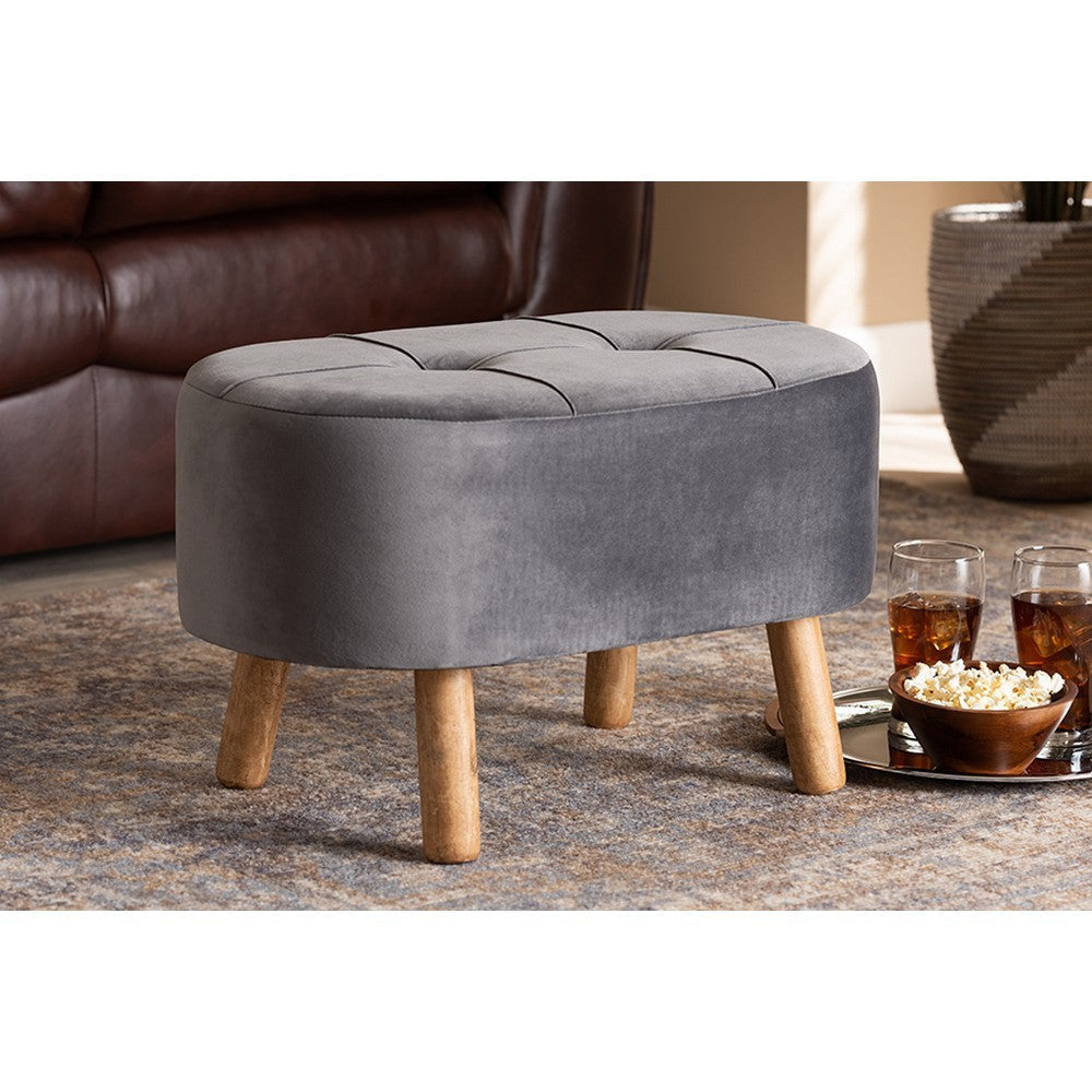 Baxton Studio Simone Mid-Century Modern Grey Velvet Fabric Upholstered Wood Ottoman