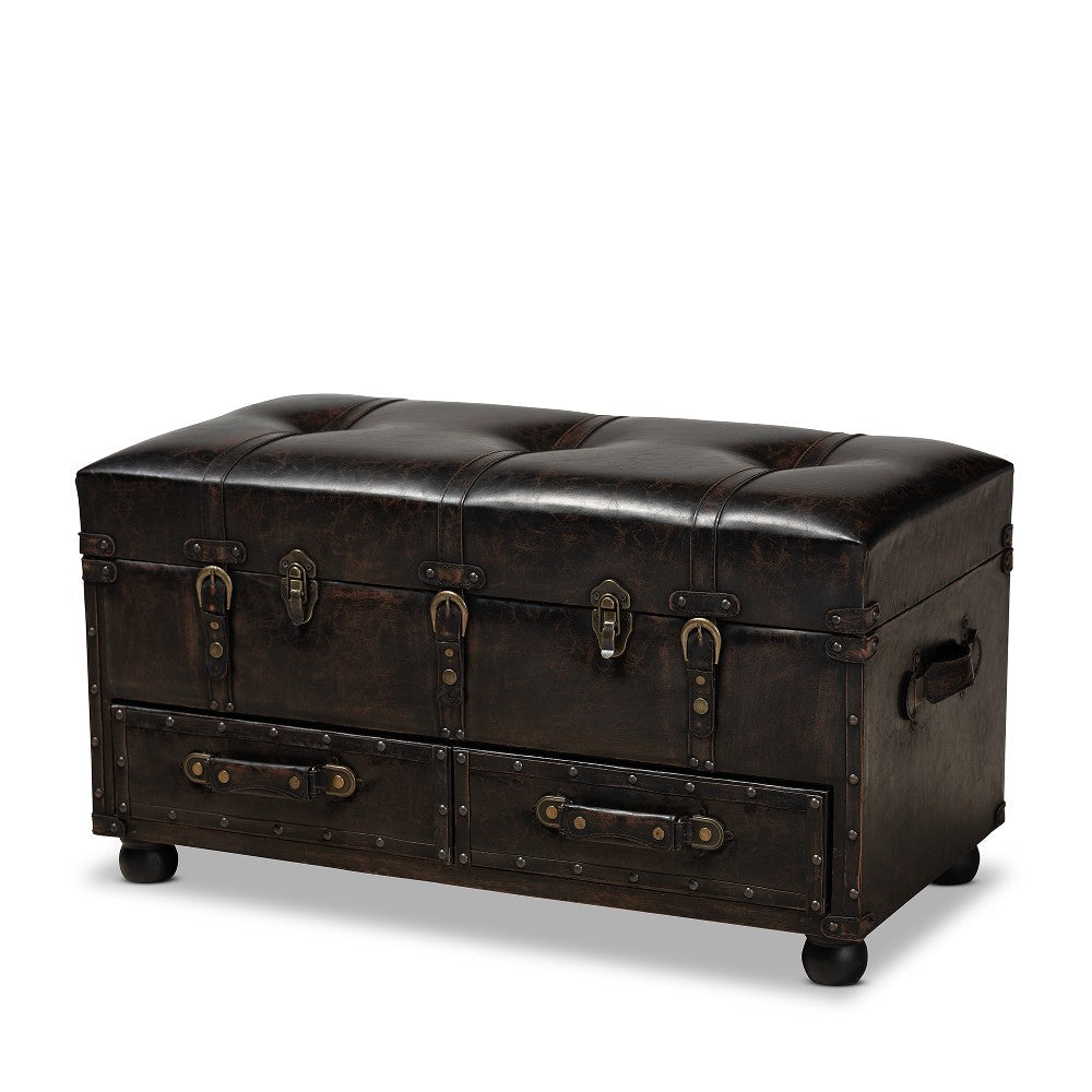 Baxton Studio Callum Modern Transitional Distressed Dark Brown Faux Leather Upholstered 2-Drawer Storage Trunk Ottoman