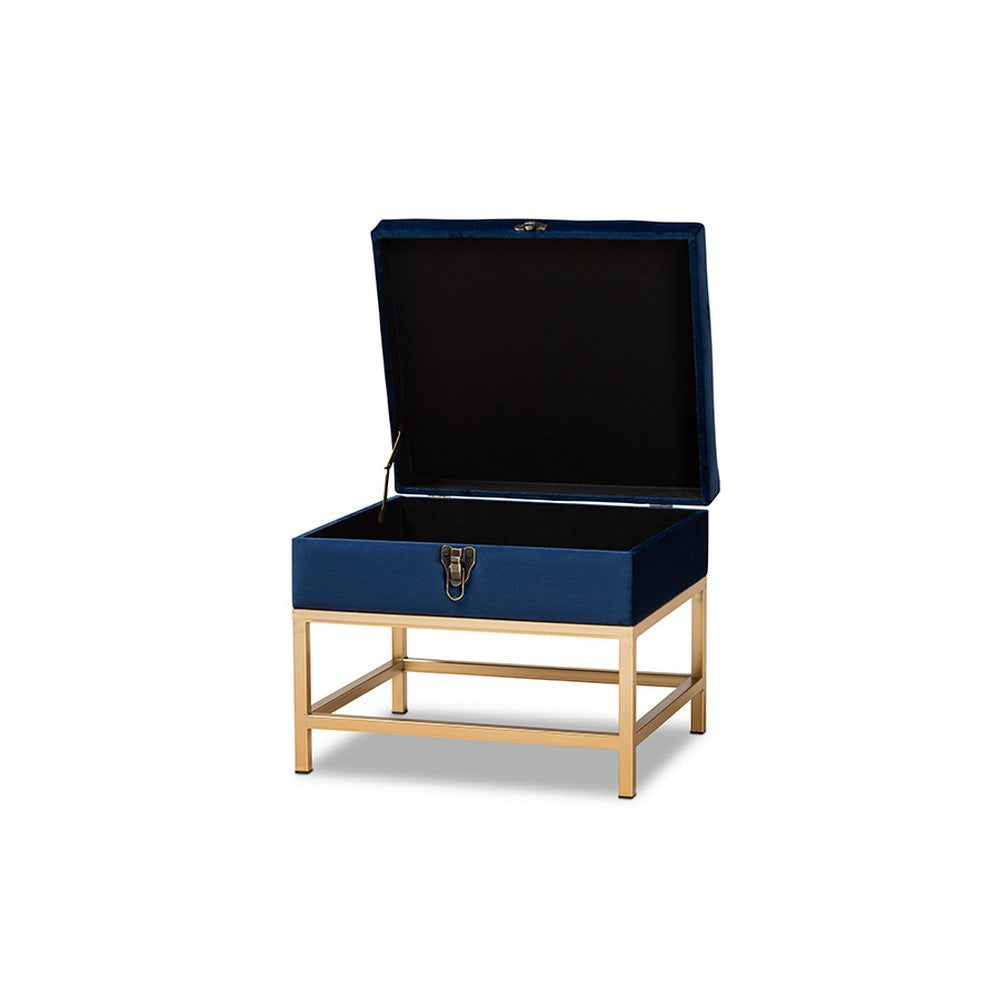 Baxton Studio Aliana Glam and Luxe Navy Blue Velvet Fabric Upholstered and Gold Finished Metal Small Storage Ottoman WHI-JY19B-051S-Navy