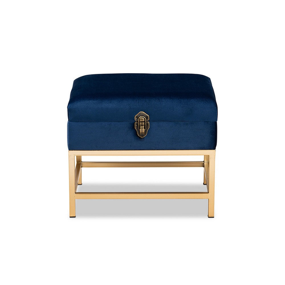 Baxton Studio Aliana Glam and Luxe Navy Blue Velvet Fabric Upholstered and Gold Finished Metal Small Storage Ottoman WHI-JY19B-051S-Navy