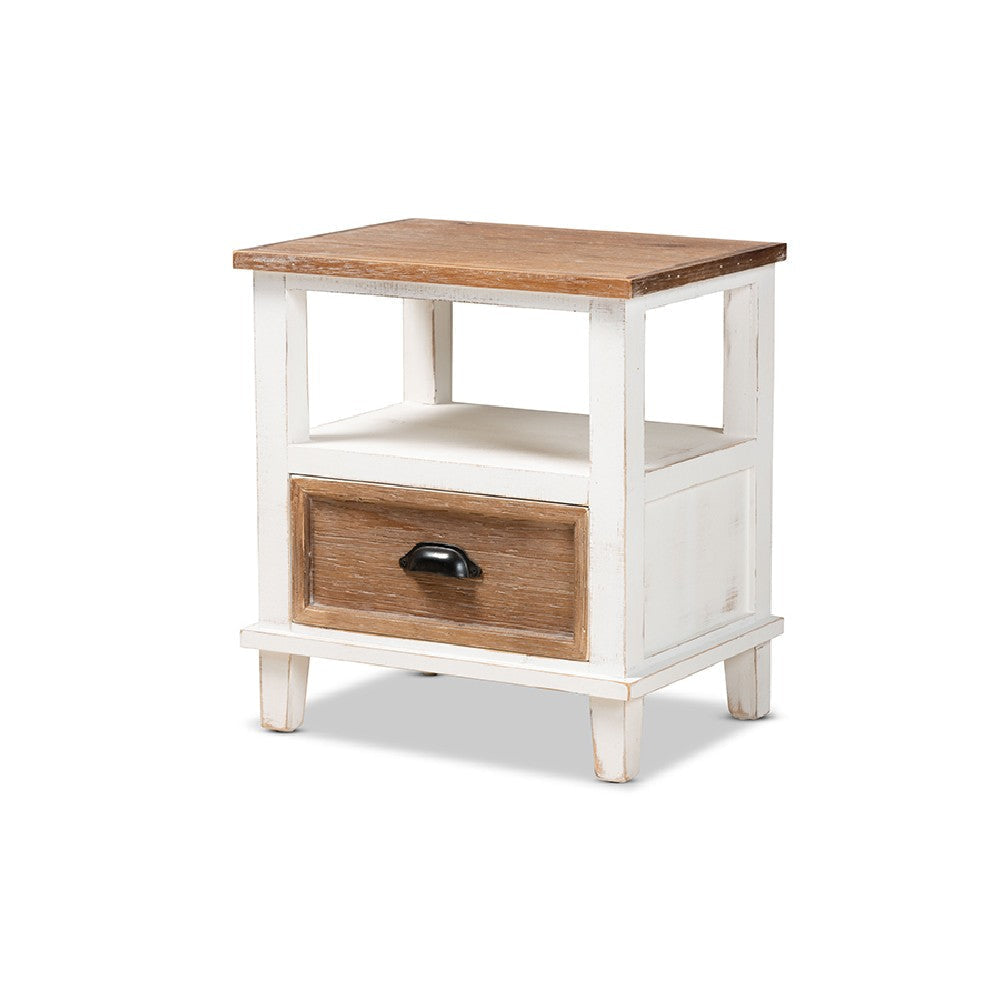 Baxton Studio Glynn Rustic Farmhouse Weathered Two-Tone White and Oak Brown Finished Wood 1-Drawer End Table WHI-JY19Y1063-White-Oak-ET