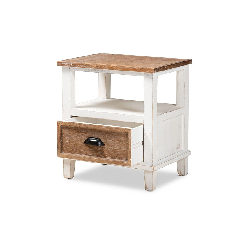 Baxton Studio Glynn Rustic Farmhouse Weathered Two-Tone White and Oak Brown Finished Wood 1-Drawer End Table WHI-JY19Y1063-White-Oak-ET