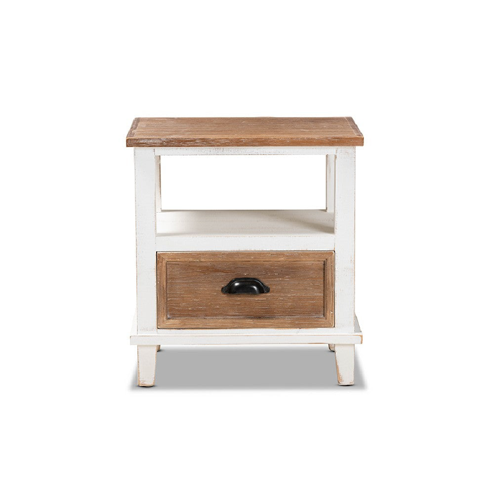 Baxton Studio Glynn Rustic Farmhouse Weathered Two-Tone White and Oak Brown Finished Wood 1-Drawer End Table WHI-JY19Y1063-White-Oak-ET