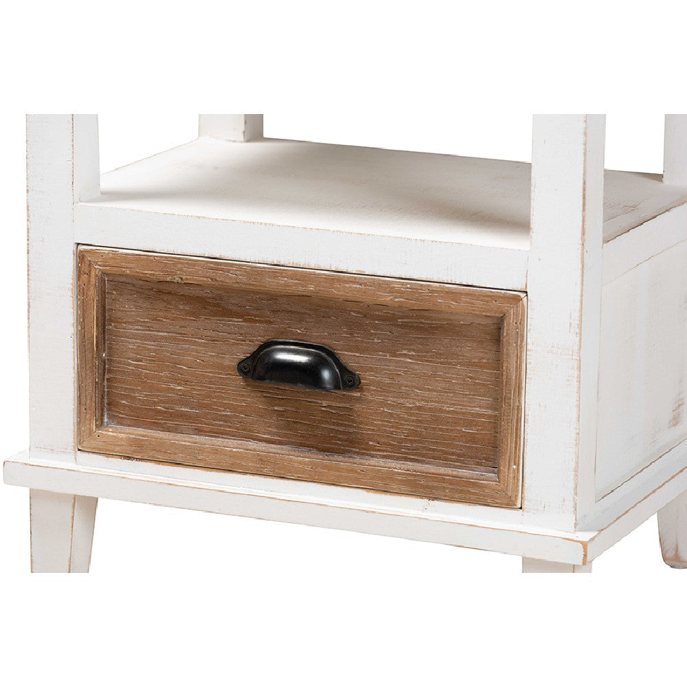 Baxton Studio Glynn Rustic Farmhouse Weathered Two-Tone White and Oak Brown Finished Wood 1-Drawer End Table WHI-JY19Y1063-White-Oak-ET