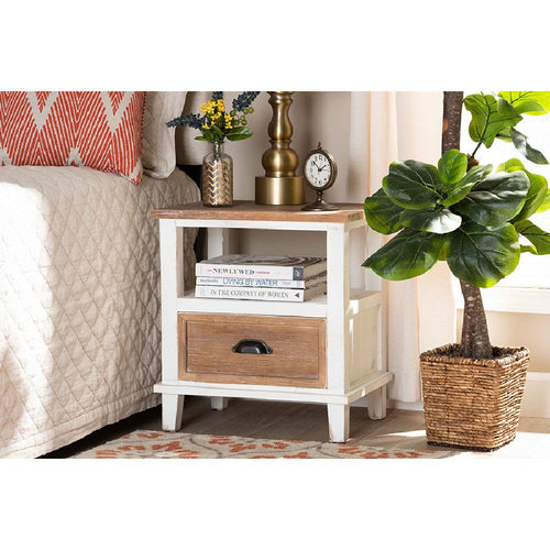 Baxton Studio Glynn Rustic Farmhouse Weathered Two-Tone White and Oak Brown Finished Wood 1-Drawer End Table