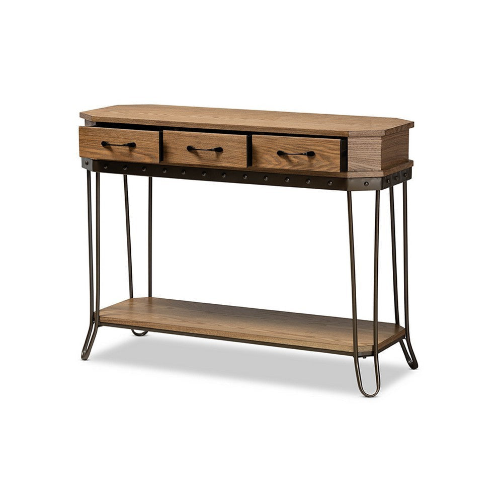 Baxton Studio Kellyn Vintage Rustic Industrial Oak Brown Finished Wood and Black Finished Metal 3-Drawer Console Table