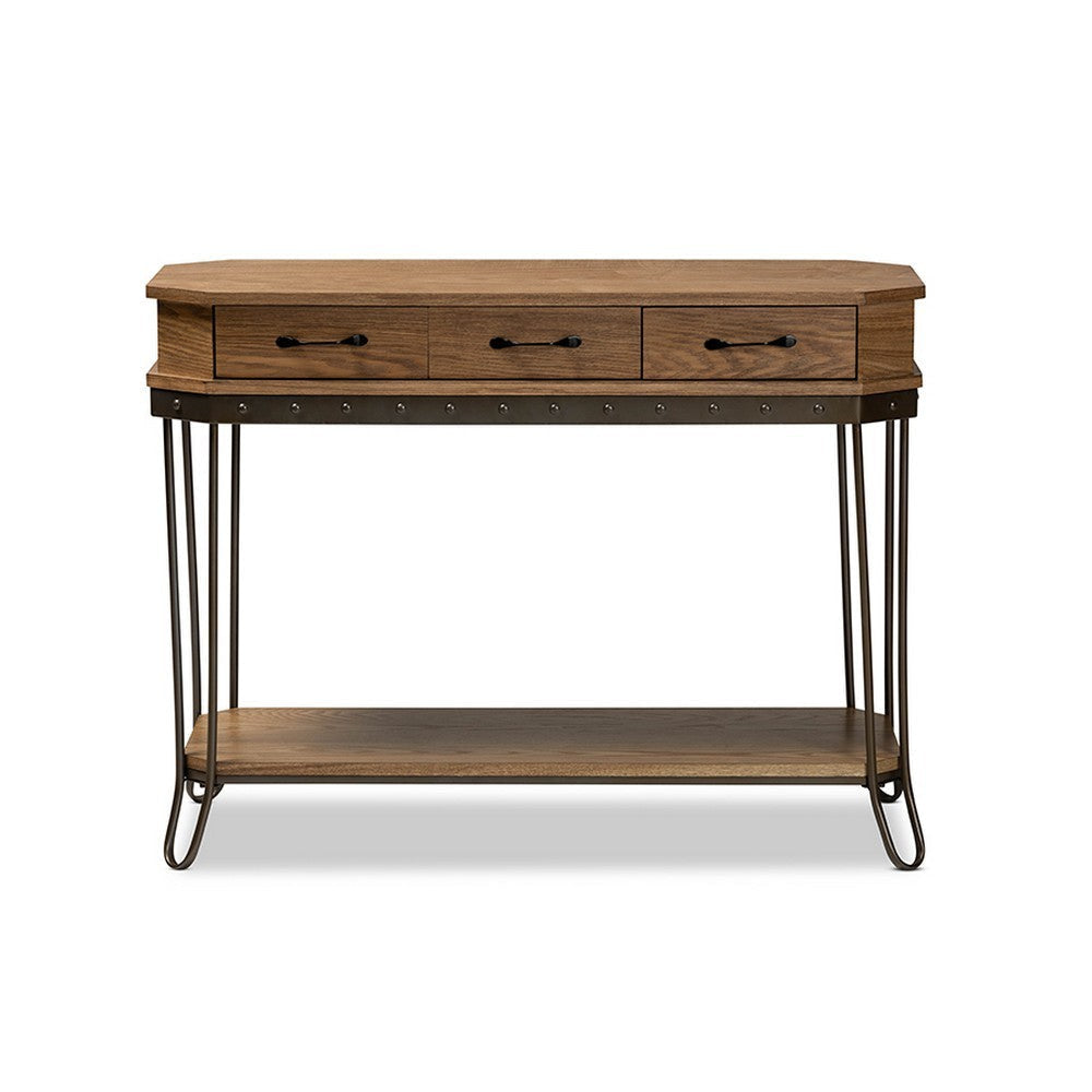 Baxton Studio Kellyn Vintage Rustic Industrial Oak Brown Finished Wood and Black Finished Metal 3-Drawer Console Table