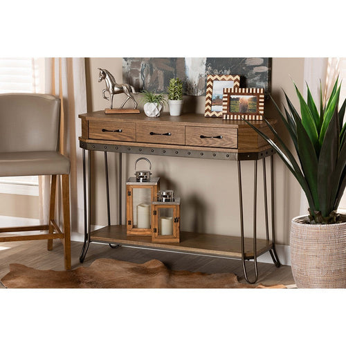 Baxton Studio Kellyn Vintage Rustic Industrial Oak Brown Finished Wood and Black Finished Metal 3-Drawer Console Table