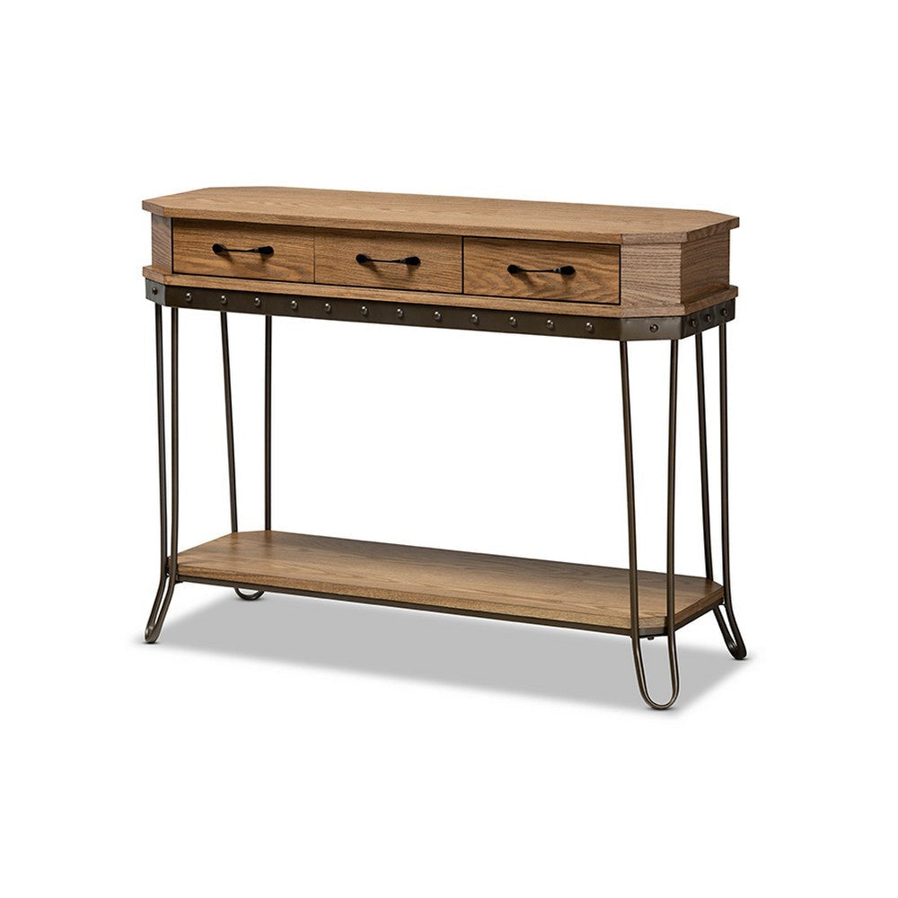 Baxton Studio Kellyn Vintage Rustic Industrial Oak Brown Finished Wood and Black Finished Metal 3-Drawer Console Table