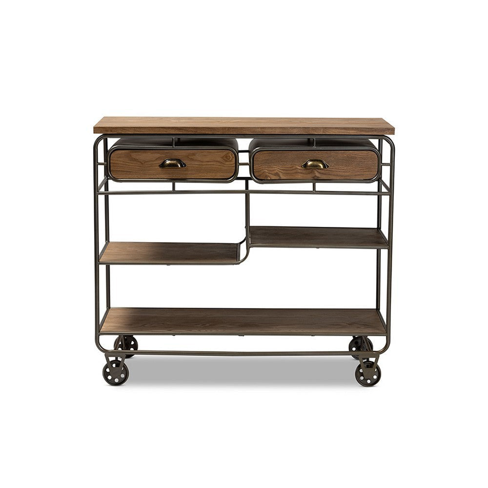 Baxton Studio Grant Vintage Rustic Industrial Oak Brown Finished Wood and Black Finished Metal 2-Drawer Kitchen Cart WHI-JY20A069-Oak-Cart