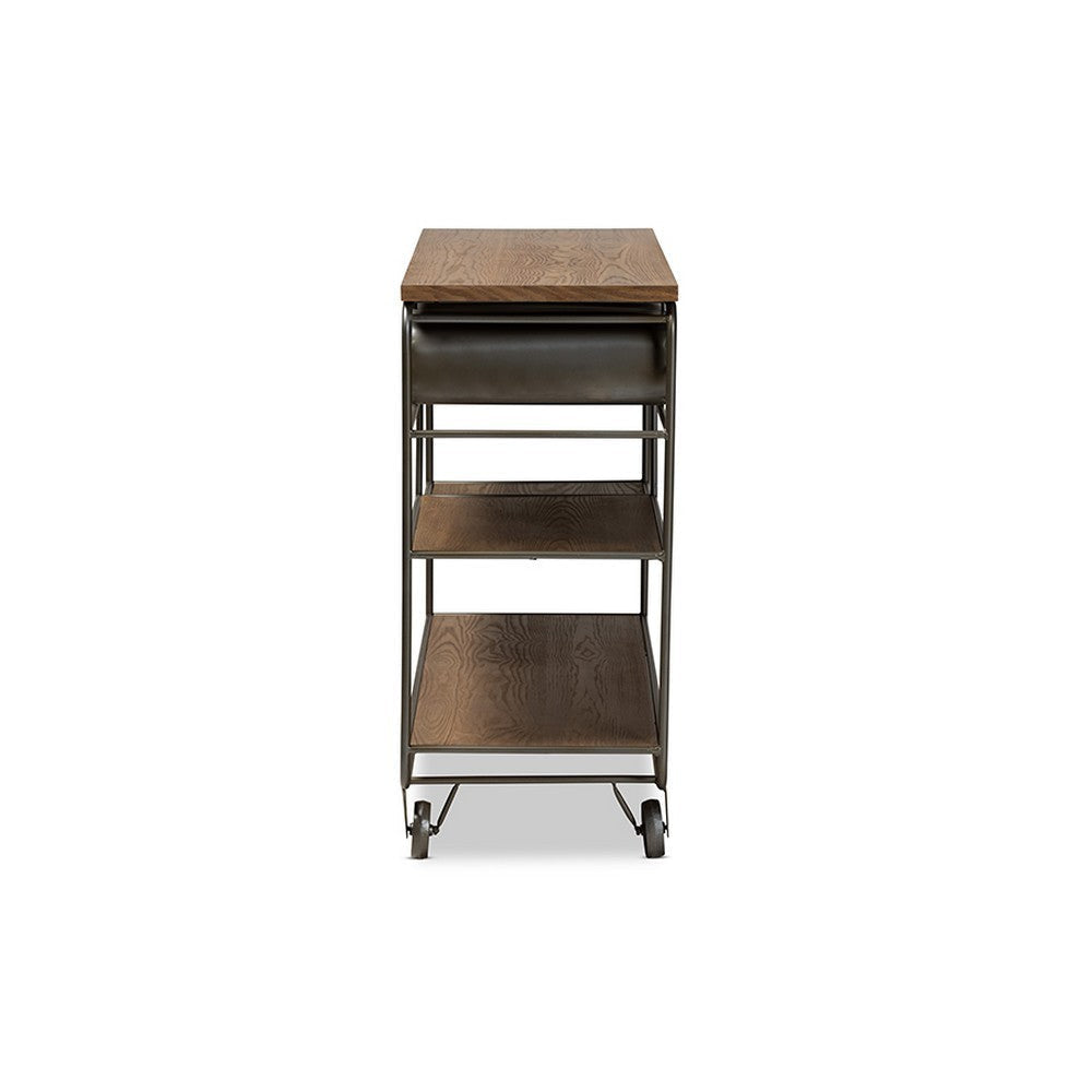 Baxton Studio Grant Vintage Rustic Industrial Oak Brown Finished Wood and Black Finished Metal 2-Drawer Kitchen Cart WHI-JY20A069-Oak-Cart