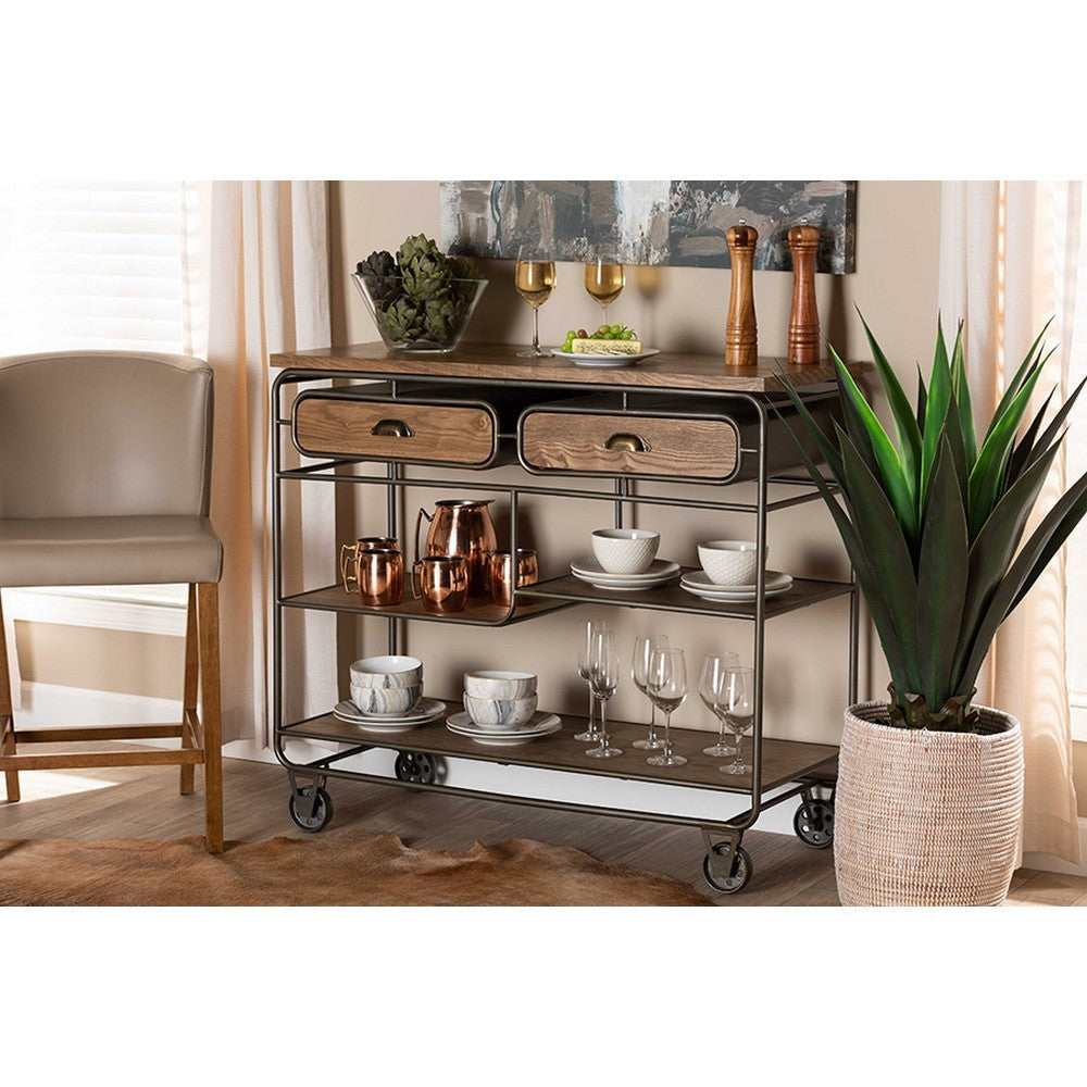 Baxton Studio Grant Vintage Rustic Industrial Oak Brown Finished Wood and Black Finished Metal 2-Drawer Kitchen Cart