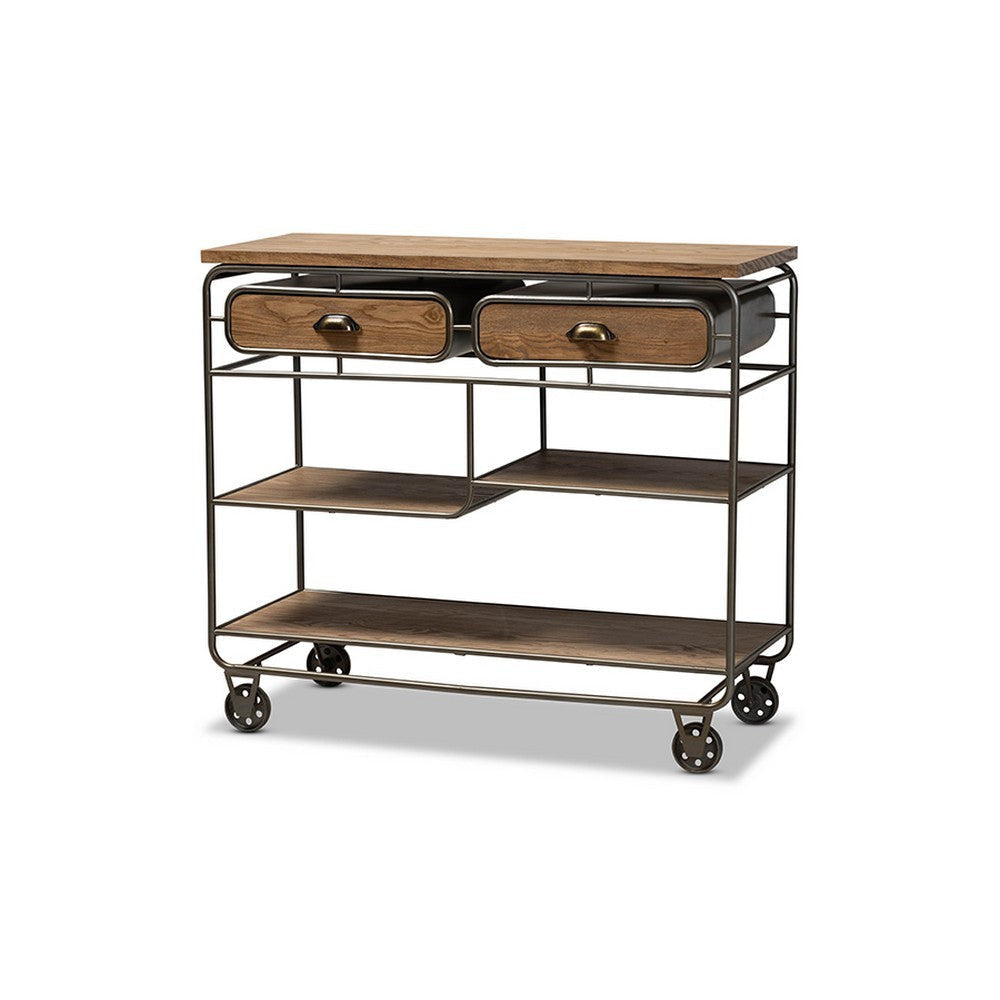 Baxton Studio Grant Vintage Rustic Industrial Oak Brown Finished Wood and Black Finished Metal 2-Drawer Kitchen Cart WHI-JY20A069-Oak-Cart