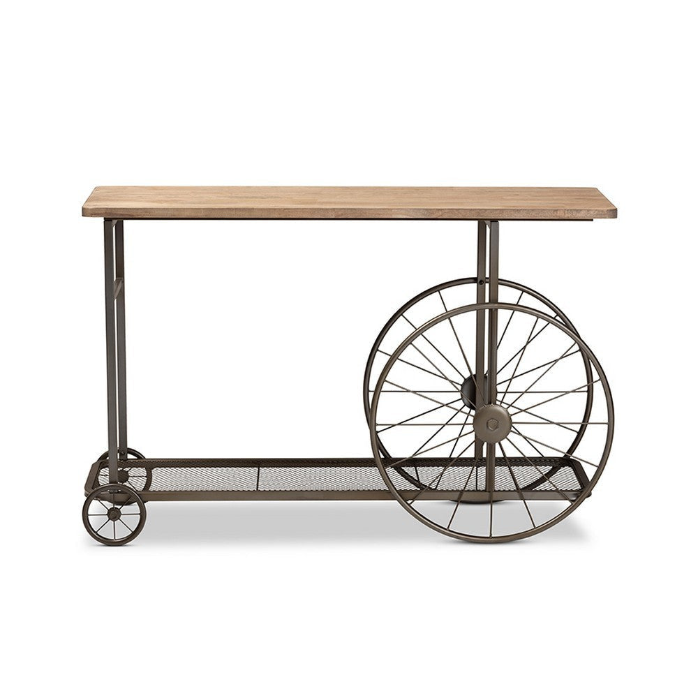 Baxton Studio Terence Vintage Rustic Industrial Natural Finished Wood and Black Finished Metal Wheeled Console Table