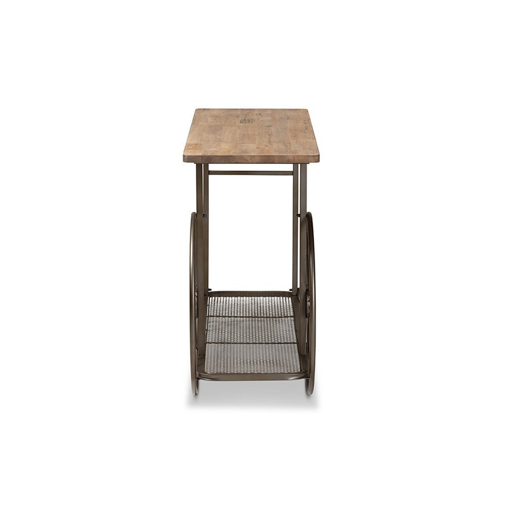 Baxton Studio Terence Vintage Rustic Industrial Natural Finished Wood and Black Finished Metal Wheeled Console Table