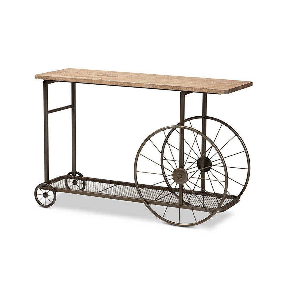 Baxton Studio Terence Vintage Rustic Industrial Natural Finished Wood and Black Finished Metal Wheeled Console Table