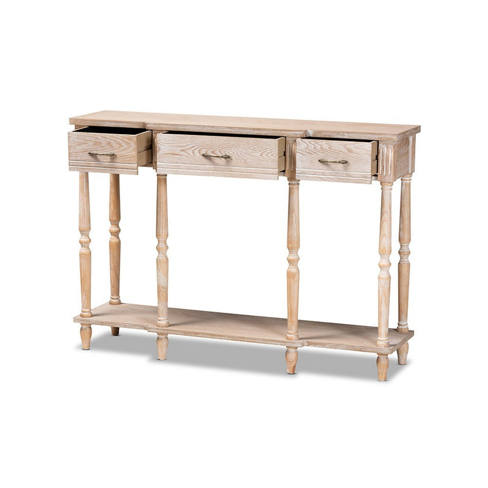 Baxton Studio Hallan Classic and Traditional French Provincial Rustic Whitewashed Oak Brown Finished Wood 3-Drawer Console Table