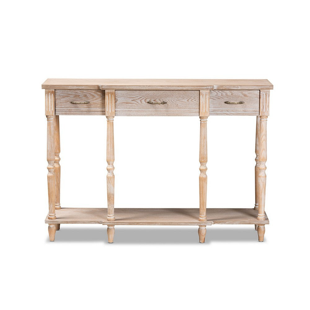 Baxton Studio Hallan Classic and Traditional French Provincial Rustic Whitewashed Oak Brown Finished Wood 3-Drawer Console Table