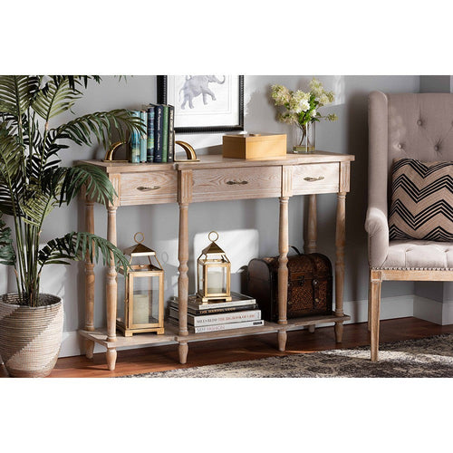 Baxton Studio Hallan Classic and Traditional French Provincial Rustic Whitewashed Oak Brown Finished Wood 3-Drawer Console Table