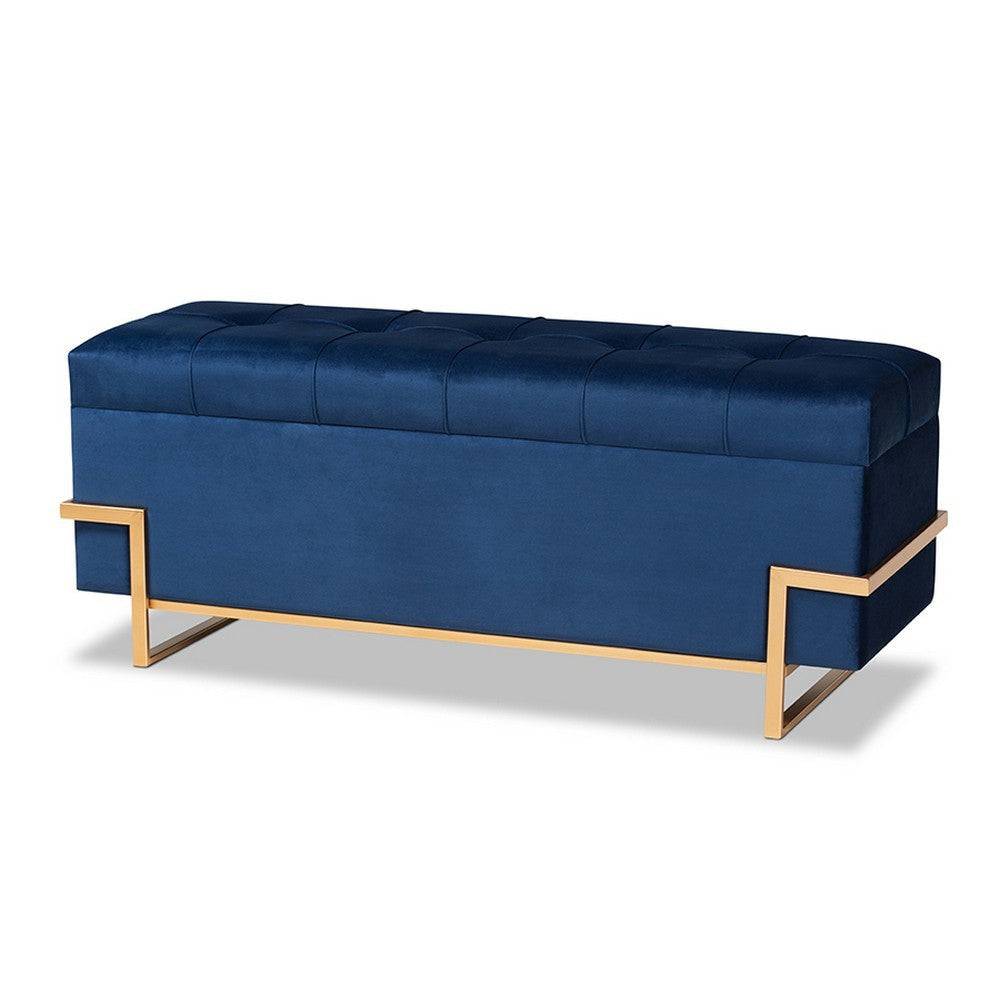 Baxton Studio Parker Glam and Luxe Navy Blue Velvet Upholstered and Gold Metal Finished Storage Ottoman