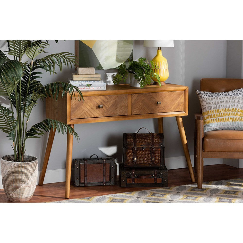 Baxton Studio Mae Mid-Century Modern Natural Brown Finished Wood 2-Drawer Console Table