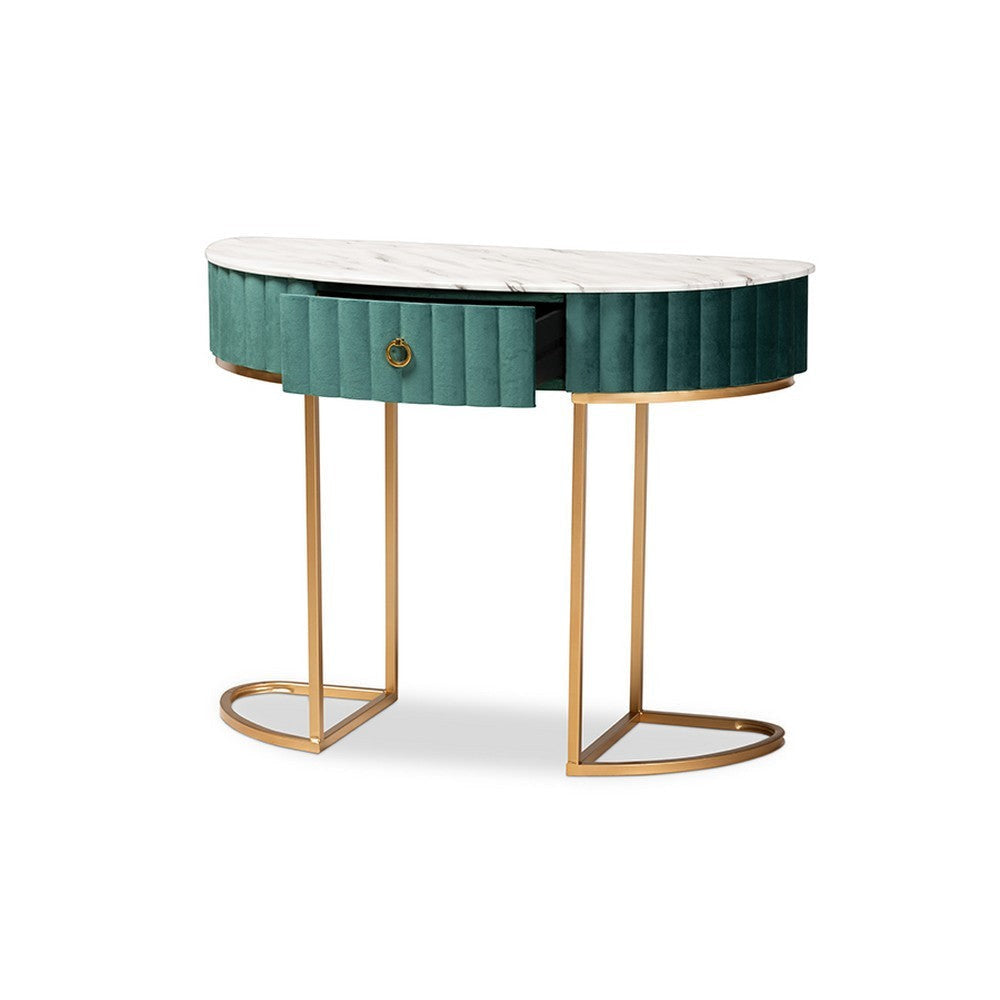 Baxton Studio Beale Luxe and Glam Green Velvet Upholstered and Brushed Gold Finished 1-Drawer Console Table with Faux Marble Tabletop