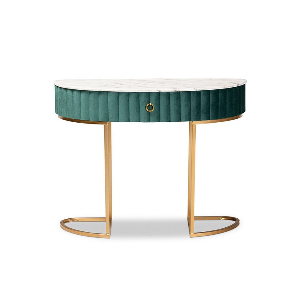 Baxton Studio Beale Luxe and Glam Green Velvet Upholstered and Brushed Gold Finished 1-Drawer Console Table with Faux Marble Tabletop