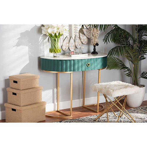 Baxton Studio Beale Luxe and Glam Green Velvet Upholstered and Brushed Gold Finished 1-Drawer Console Table with Faux Marble Tabletop