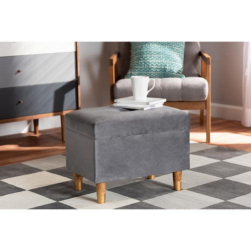 Baxton Studio Elias Modern and Contemporary Grey Velvet Fabric Upholstered and Oak Brown Finished Wood Storage Ottoman