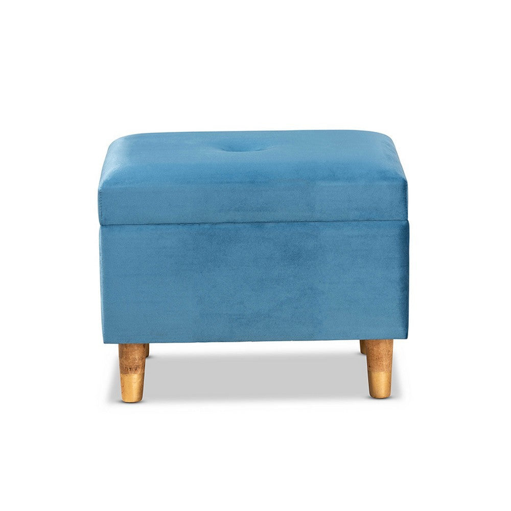 Baxton Studio Elias Modern and Contemporary Sky Blue Velvet Fabric Upholstered and Oak Brown Finished Wood Storage Ottoman