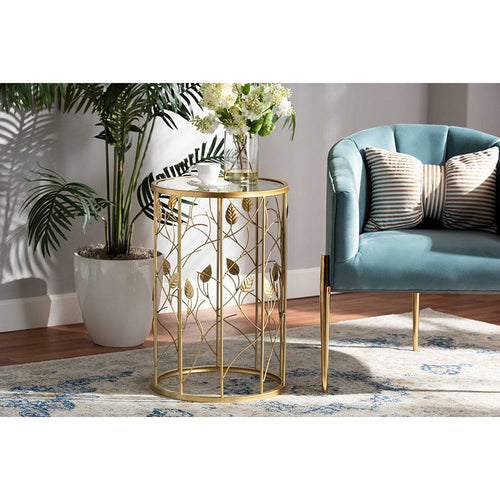 Baxton Studio Anaya Modern and Contemporary Glam Brushed Gold Finished Metal and Glass Leaf Accent End Table