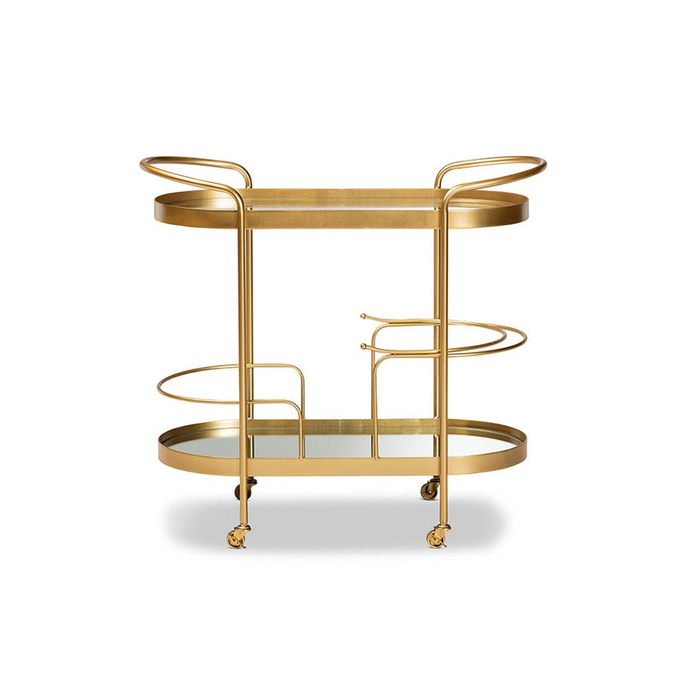Baxton Studio Kamal Modern and Contemporary Glam Brushed Gold Finished Metal and Mirrored Glass 2-Tier Mobile Wine Bar Cart
