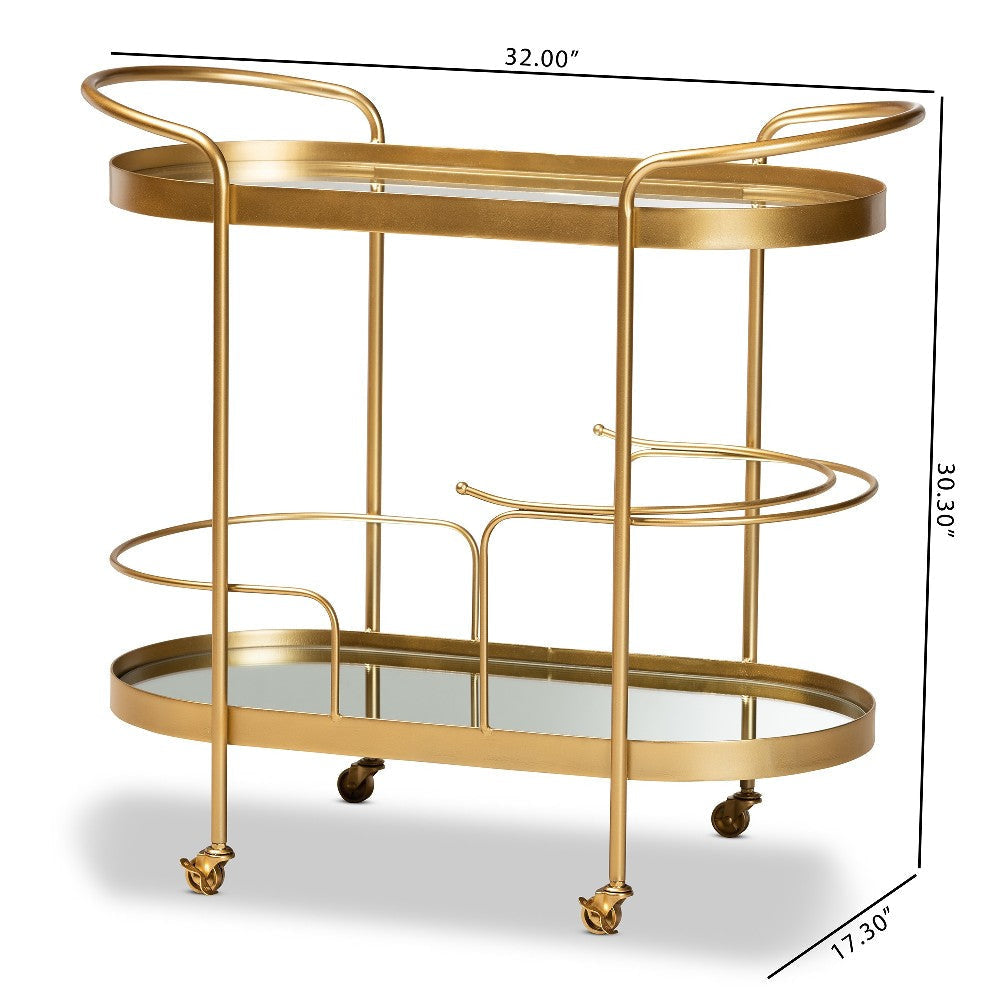 Baxton Studio Kamal Modern and Contemporary Glam Brushed Gold Finished Metal and Mirrored Glass 2-Tier Mobile Wine Bar Cart