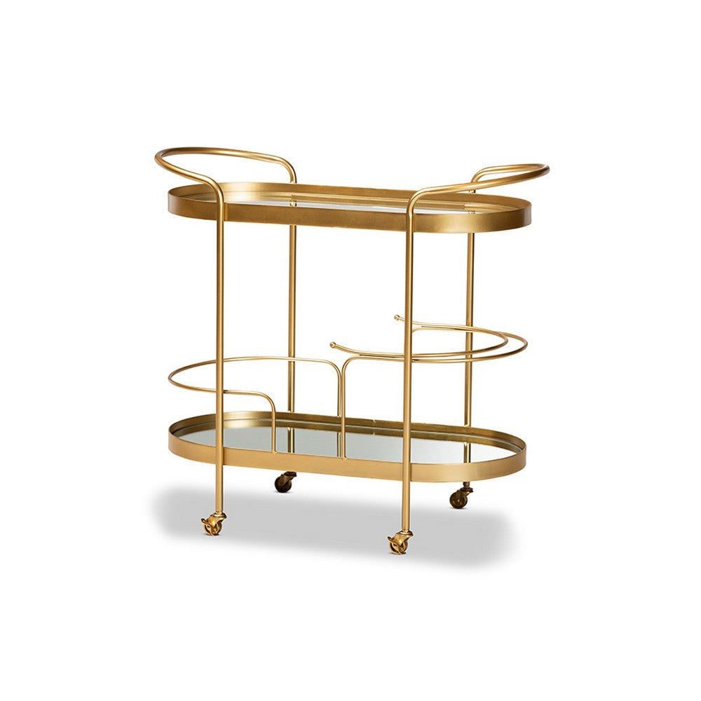 Baxton Studio Kamal Modern and Contemporary Glam Brushed Gold Finished Metal and Mirrored Glass 2-Tier Mobile Wine Bar Cart