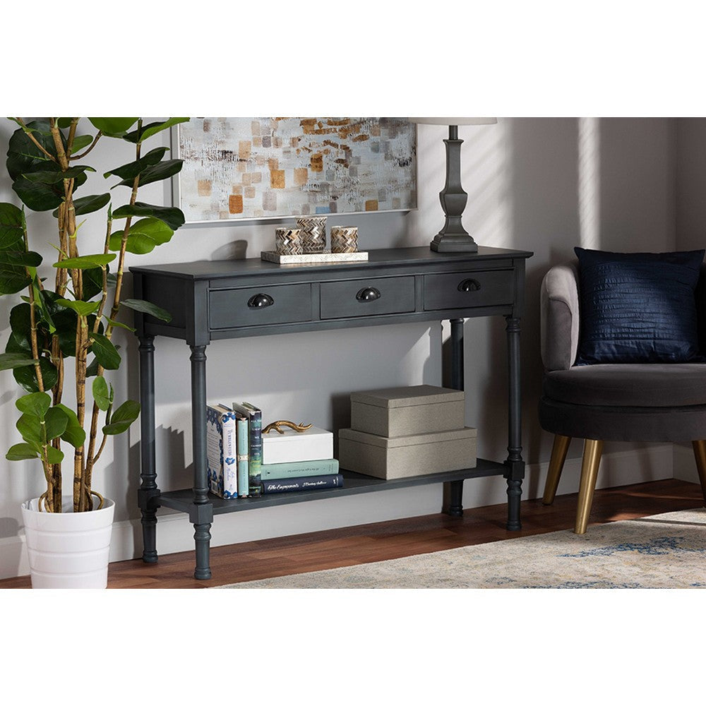 Baxton Studio Garvey French Provincial Dark Blue Gray Wood 3-Drawer Entryway Console Table