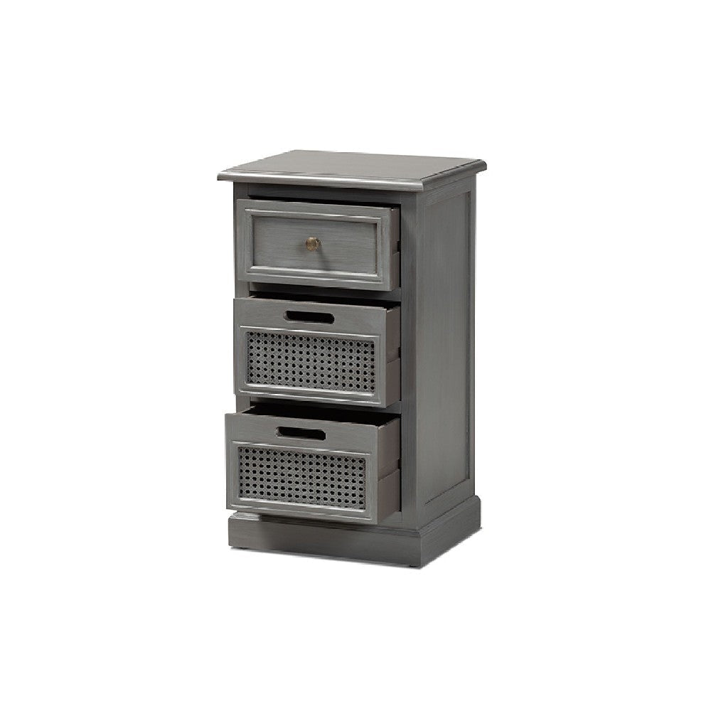 Baxton Studio Sheldon Modern and Contemporary Vintage Grey Finished Wood and Synthetic Rattan 3-Drawer End Table WHI-JY20B072-Grey-ET