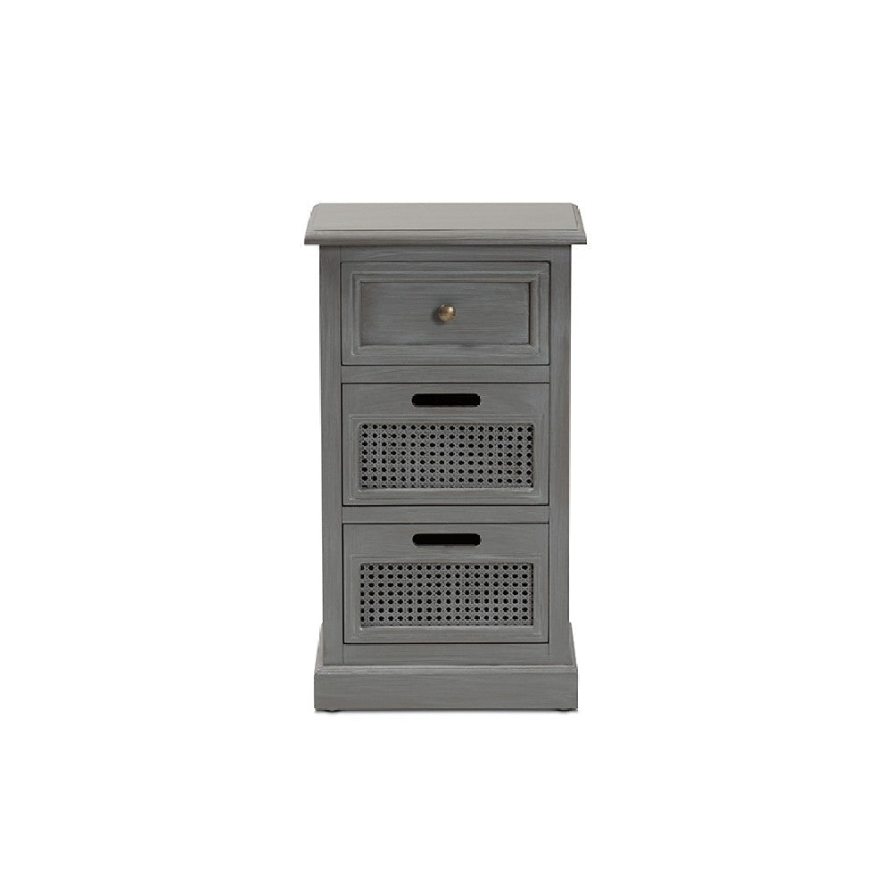 Baxton Studio Sheldon Modern and Contemporary Vintage Grey Finished Wood and Synthetic Rattan 3-Drawer End Table WHI-JY20B072-Grey-ET