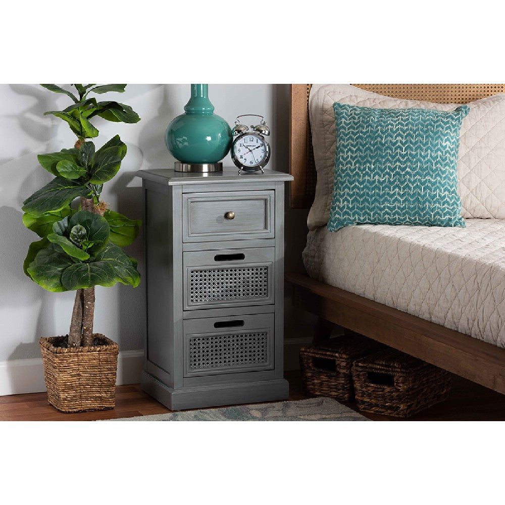 Baxton Studio Sheldon Modern and Contemporary Vintage Grey Finished Wood and Synthetic Rattan 3-Drawer End Table WHI-JY20B072-Grey-ET