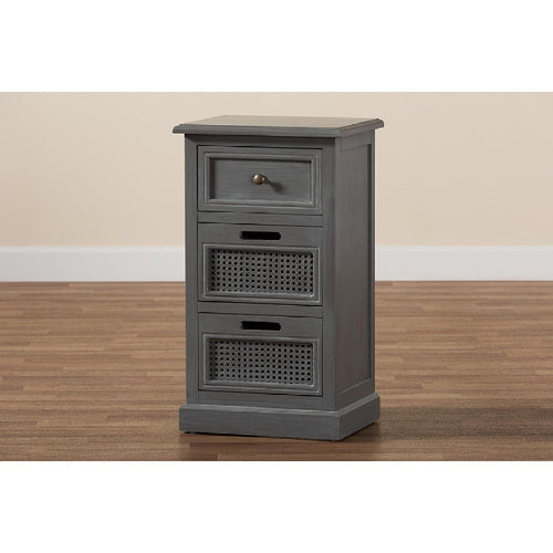 Baxton Studio Sheldon Modern and Contemporary Vintage Grey Finished Wood and Synthetic Rattan 3-Drawer End Table
