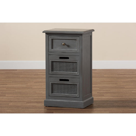 Baxton Studio Sheldon Modern and Contemporary Vintage Grey Finished Wood and Synthetic Rattan 3-Drawer End Table