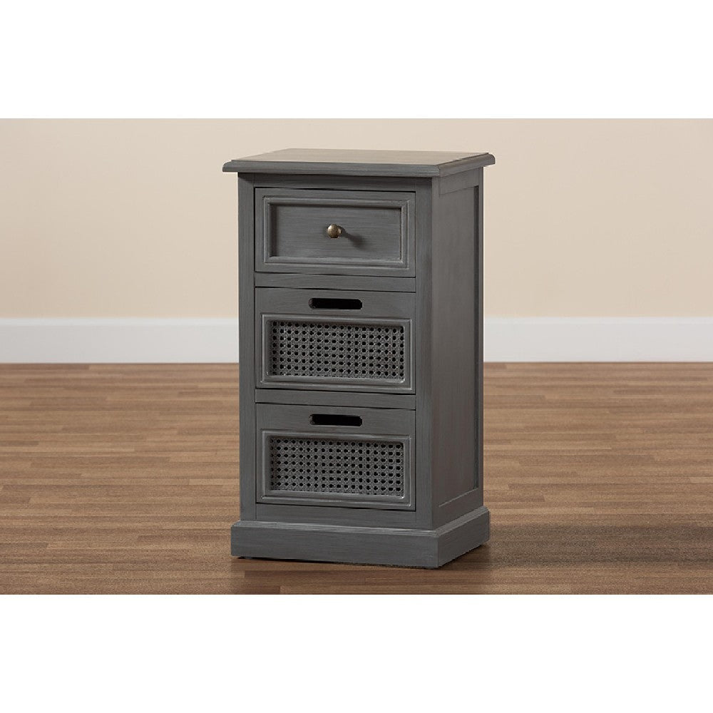 Baxton Studio Sheldon Modern and Contemporary Vintage Grey Finished Wood and Synthetic Rattan 3-Drawer End Table