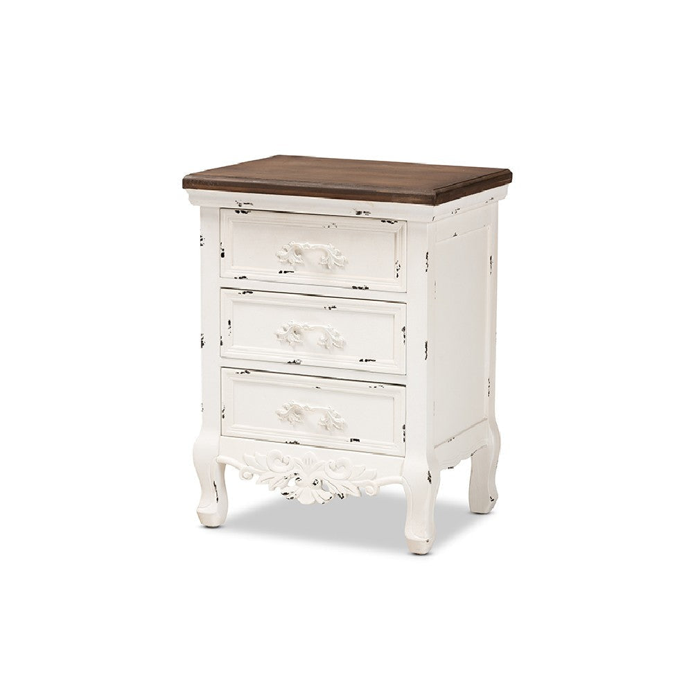 Baxton Studio Levron Classic and Traditional Walnut Brown and Antique White Finished Wood 3-Drawer End Table WHI-JY20B090-Antique-White-ET