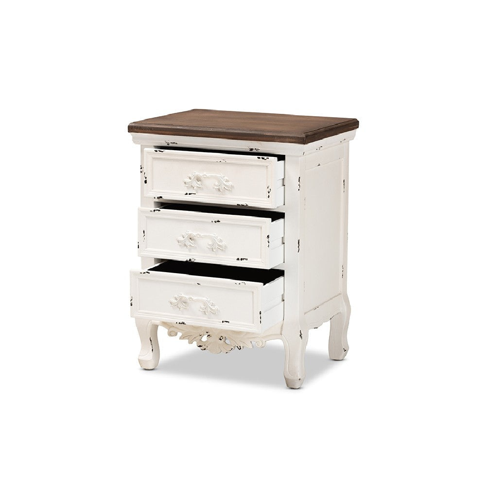 Baxton Studio Levron Classic and Traditional Walnut Brown and Antique White Finished Wood 3-Drawer End Table WHI-JY20B090-Antique-White-ET