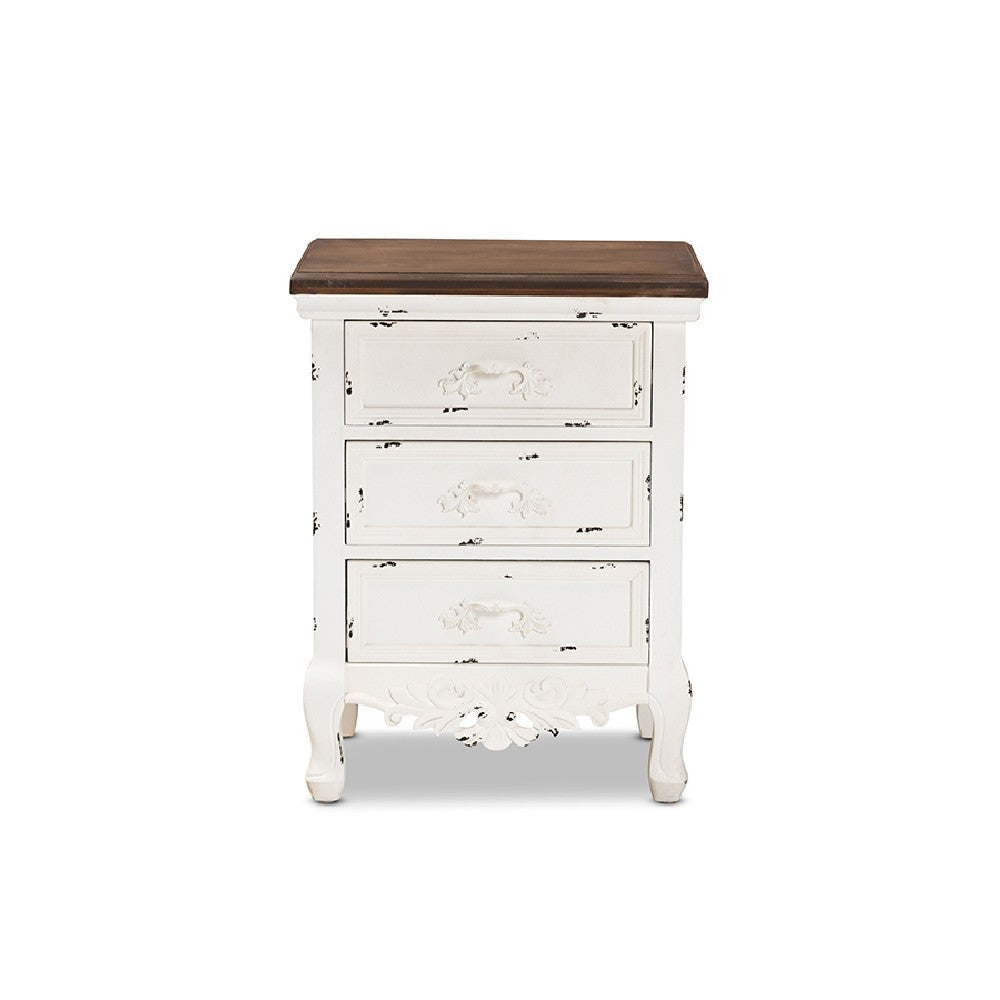 Baxton Studio Levron Classic and Traditional Walnut Brown and Antique White Finished Wood 3-Drawer End Table WHI-JY20B090-Antique-White-ET