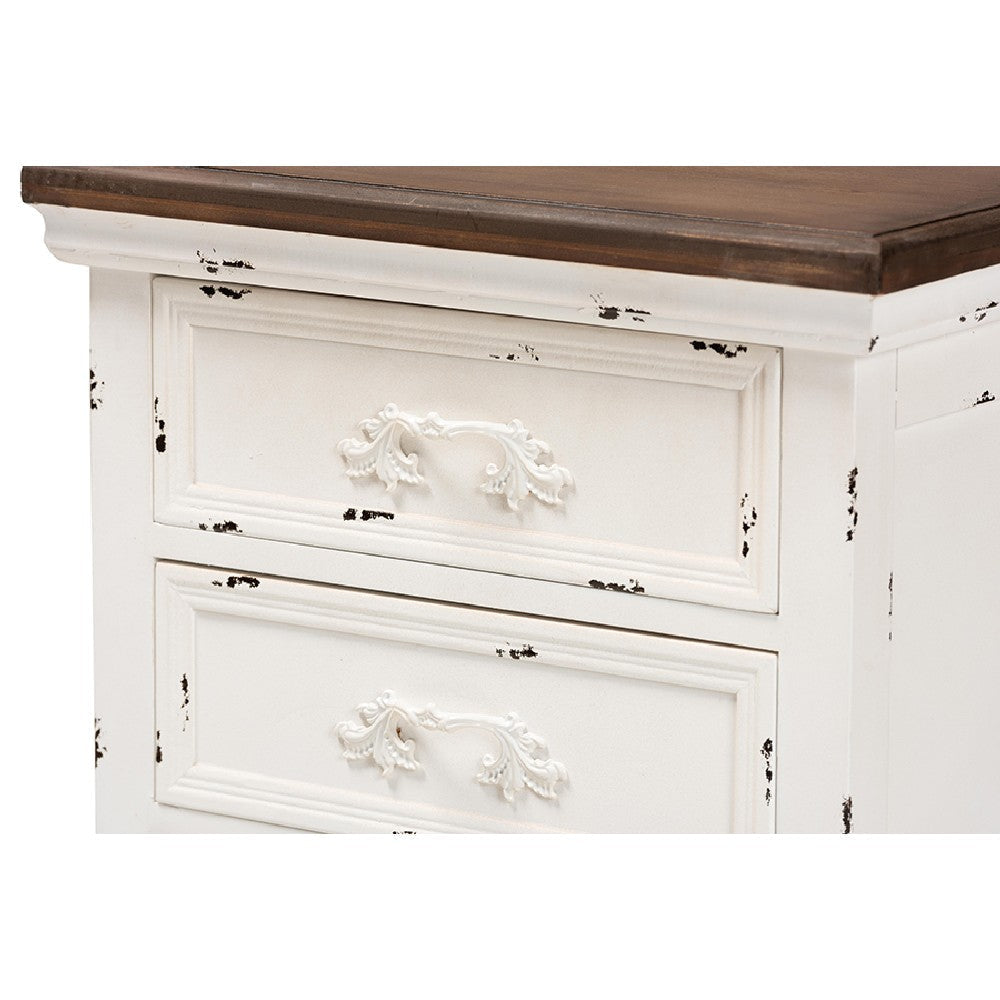 Baxton Studio Levron Classic and Traditional Walnut Brown and Antique White Finished Wood 3-Drawer End Table WHI-JY20B090-Antique-White-ET