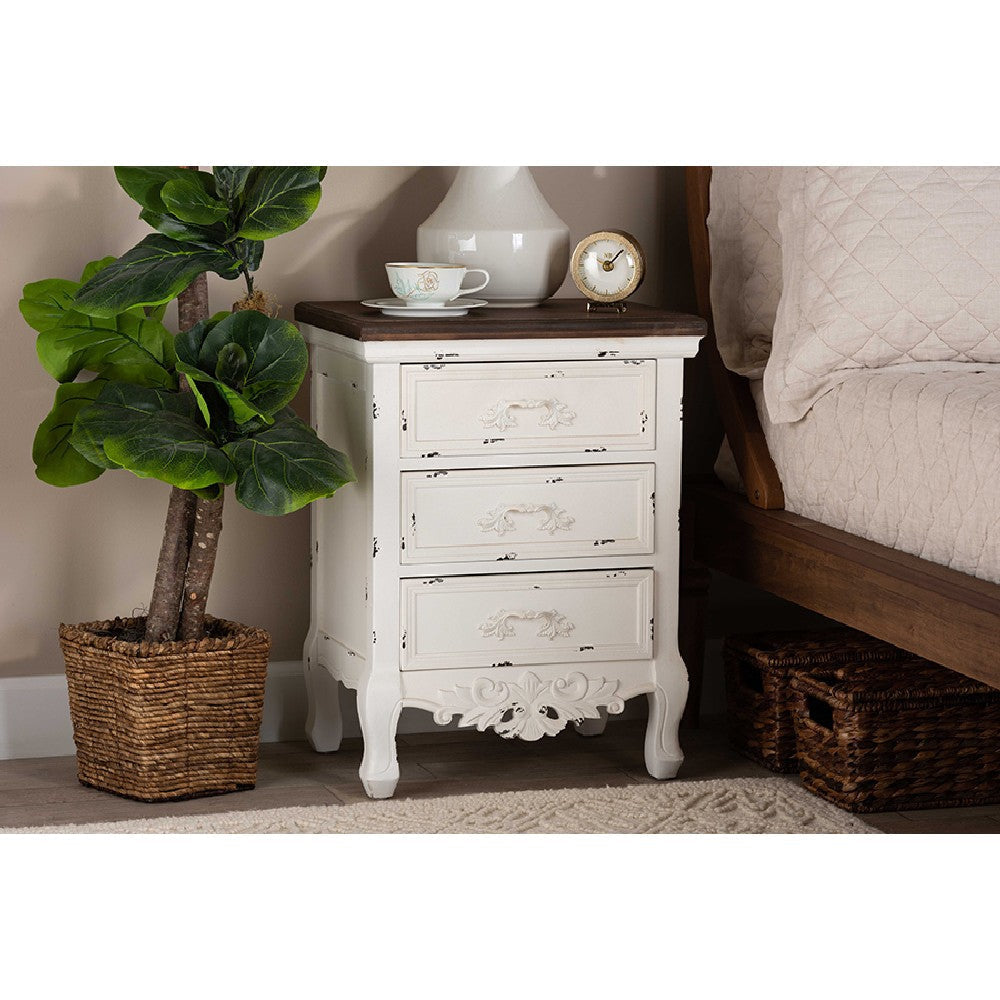 Baxton Studio Levron Classic and Traditional Walnut Brown and Antique White Finished Wood 3-Drawer End Table WHI-JY20B090-Antique-White-ET